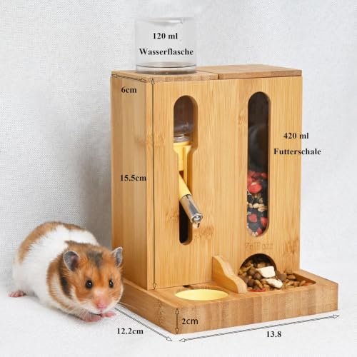 Bamboo Wooden Hamster Water Bottle Stand & Food Bowl, 2-in-1 Feeder