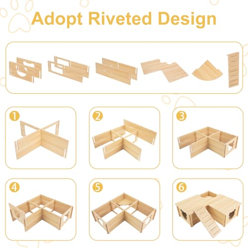 RETON Wooden Hamster House, Hamster Hideout Corner Hamster Accessories, Hamster Hides Platform with Stairs, Hamster Toys Cage Decor for Syrian Hamsters Dwarf Hamster Rat Gerbil
