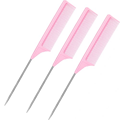 Leinuosen 3 Pack 9 Inch Rat Tail Comb with Metal Pick, Carbon Fiber,Pink | Heat Resistant Styling, Lightweight Sectioning, Fine Tooth for Precise Parting, Teasing Tool for Wigs and Women Haircare - color: Pink