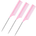 Leinuosen 3 Pack 9 Inch Rat Tail Comb with Metal Pick, Carbon Fiber,Pink | Heat Resistant Styling, Lightweight Sectioning, Fine Tooth for Precise Parting, Teasing Tool for Wigs and Women Haircare - color: Pink