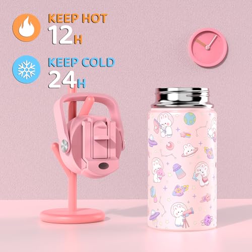 FIXITOK Girls Backpack with 14oz Insulated Water Bottle Set, Kawaii Bunny School Backpack for Girls with Kids Water Bottle Lunch Bag Pencil Case for Kindergarten Elementary Preschool School - color: W-pink