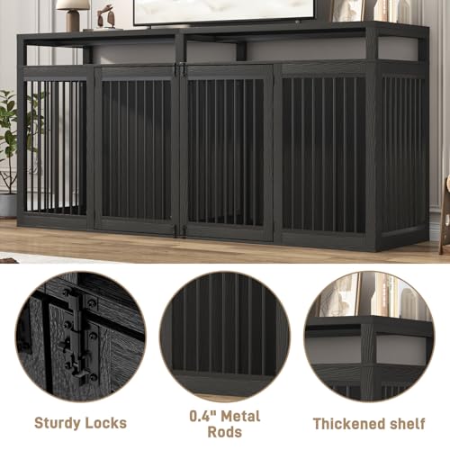 87In Farmhouse Dog Crate TV Stand, Wooden Dog Kennel Furniture with 2 Doors, Large Dog Crate Furniture for 2 Dogs, Solid Metal Tube & 4 Lockable Doors, Black - color: Black