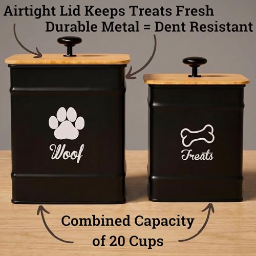 Dog Treat Container Airtight Set of 2 - 8x6 & 7x5 inch Iron Dog Treat Jars for Kitchen Counter with Airtight Bamboo Lids - 20 Cup Capacity Pet Treat Container Set - Doggie Cookie Jar - Treats Canister | Fits All Popular Treats, Up to 20 Cups Combined Capa