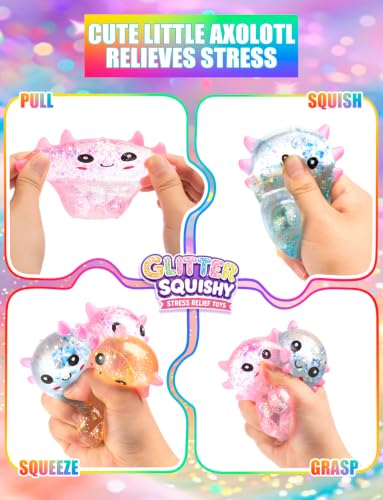 4PCS Glitter Sitting Axolotl Stress Relief Ball Axolotl Sensory Fidget Toys | Cute Sitting Axolotls Toys for Adults Kids, Soothing Classroom Office Birthday Party Gift (4 Colors) - style: 4PCS (Sitting)