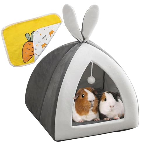 Guinea Pig Bed,Fleece Bunny Hideout House,Warm Rabbit Sleeping Bed with Pee Pad,Winter Large Hiding Hut for Hamster Ferret Rat Chinchilla Hedgehogs,Grey - color: Grey
