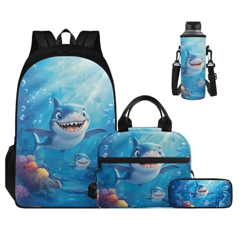 Two Sharks Backpack for Girls Kids Bookbag with Lunch Box Water Bottle Pouch, and Pencil Case for Boys 4 PCS Primary/Secondary School Bag With Compartment for 7th Grade Kids - color: Two Sharks
