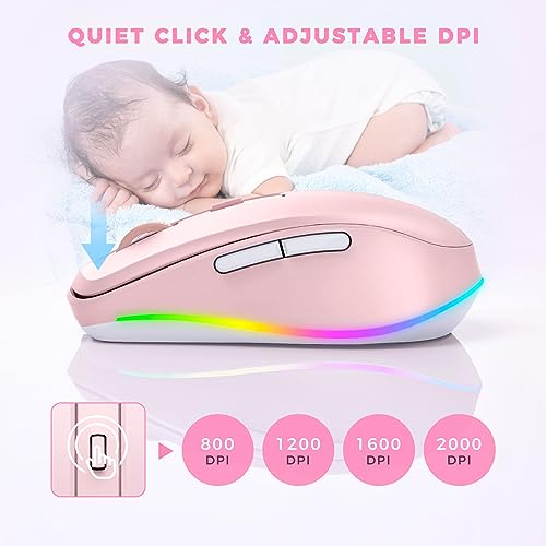 PEIOUS Wireless Mouse Jiggler, LED Mouse with Built-in Mouse Mover, Pink | Rechargeable, Silent Clicks, Adjustable DPI and Random Movement Keep Computers Awake for Work-Life Balance on Laptop/PC/Mac - color: Pink