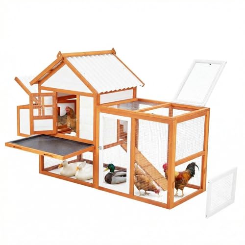 Wooden Chicken Coop & Rabbit Hutch – Portable Hen House for 4-6 Chickens with 5 Access Doors, Nesting Box, Removable Tray, & PVC Roof, Backyard Chicken House for Rabbits, Ducks, Cats, Guinea Pigs