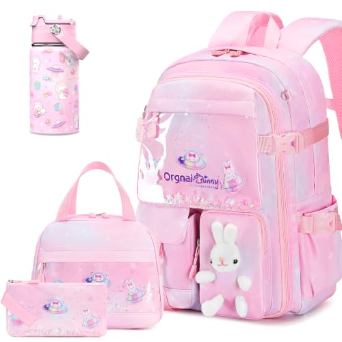 FIXITOK Girls Backpack with 14oz Insulated Water Bottle Set, Kawaii Bunny School Backpack for Girls with Kids Water Bottle Lunch Bag Pencil Case for Kindergarten Elementary Preschool School - color: W-dreamy-pink