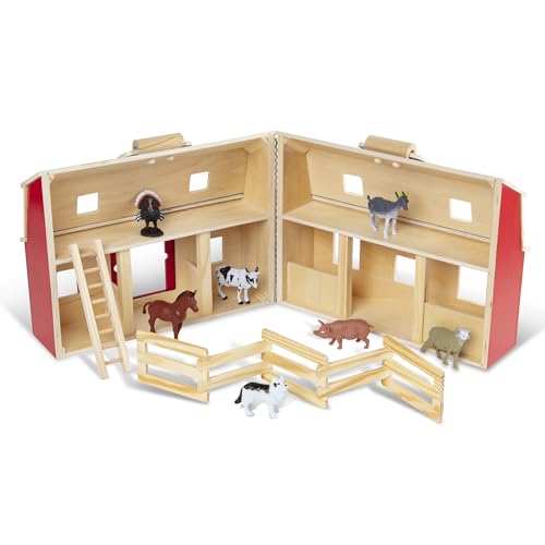 Melissa & Doug Fold and Go Wooden Barn with 7 Animal Play Figures - Farm Animals Barn Toy, Portable Toys, Farm Toys for Kids and Toddlers Ages 3+