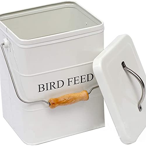 Pet Food Storage Tin with Lid, Metal Bird Seed and Feed Container with Serving Scoop, Treats Storage Canister Bin Can for Dogs, Cats Food, Coated Carbon Steel, Tight Fitting Lid, White, 5-6 Lbs