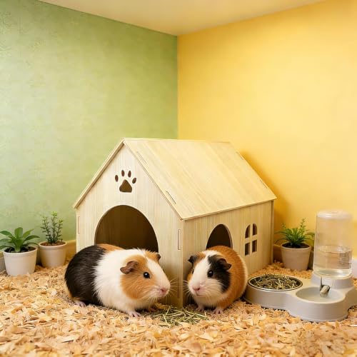 Amonk Guinea Pig Hideout 15x9x10 inch Large Size Wooden House with Window and Roof Wood Hut Habitats Decor for Bunny, Chinchillas, Dwarf Rabbits, Hamsters, and Other Small Pet Animals