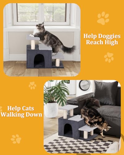 Aechonow 3-in-1 Pet Stairs for Cats, Dog Steps for Doggie Rabbits, Large | 7.8'' Depth Cat Stairs,Indoor Cat Steps for High Bed for Pet's Joints, Soft Plush, 1 Big Cat Condo Cave, Sisal Scratcher,Grey - size: Large-Gray