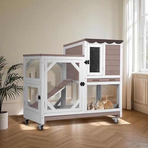 Rabbit Hutch Indoor for 2-4 Rabbits & Guinea Pigs，Bunny Cage with Slide-Out Plastic Trays，Wooden Small Animal Cage for Rabbits, Bunnies, and Guinea Pigs - color: (Brown-AIR7013)