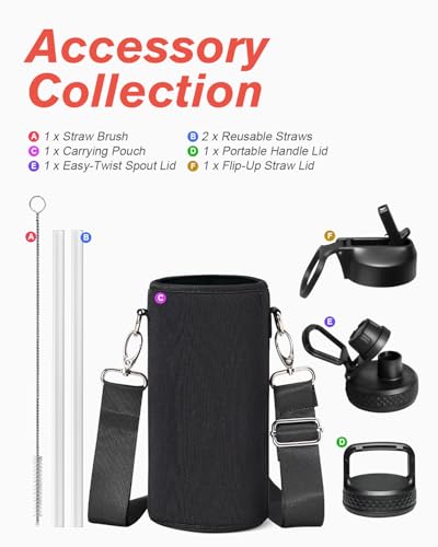 Coolflask 32 oz Water Bottle Insulated with Straw & 3 Leakproof Lids | Water Flask Stainless Steel Triple-Wall Vacuum,Cold 48+h, Dishwasher Safe,Wide Mouth,BPA-Free,Carrier Bag,for Gym,Hiking - color: Magic Black, size: 32 Ounces