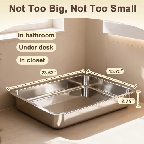 Low Entry Stainless Steel Cat Litter Box for Senior Cats, Extra Large Metal Shallow Litter Box, Easy Access Kitty Litter Pan, Easy Cleaning -23.62'' Lx 15.75'' W x 2.76'' H - color: 23.62'' Lx 15.75'' W x 2.76'' H