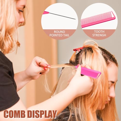 Hair Styling Tool Set 8 Pieces -4 Topsy hair Tail Tools 2 Rat Tail Combs, 1 Slick Back Hair Bristle Brush and 1 Edge Control Brush, Woman Girl Pink