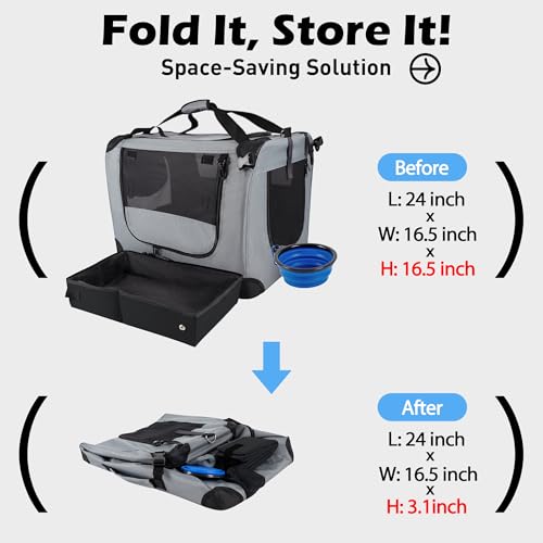 Prutapet Large Cat Carrier 24"x16.5"x16.5" Soft-Sided Portable Pet Crate for Car Traveling with Collapsible Litter Box and Bowl - color: Grey, size: 24"x16.5"x16.5" (With Litter Box)
