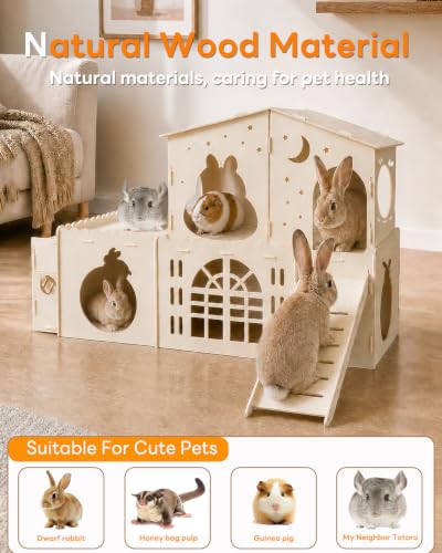 Wooden Bunny Castle, 2-Story Rabbit House and Rabbit Hideout | with Slide, 5-Room Bunny House Indoor for Guinea Pigs, Chinchillas and Small Animals
