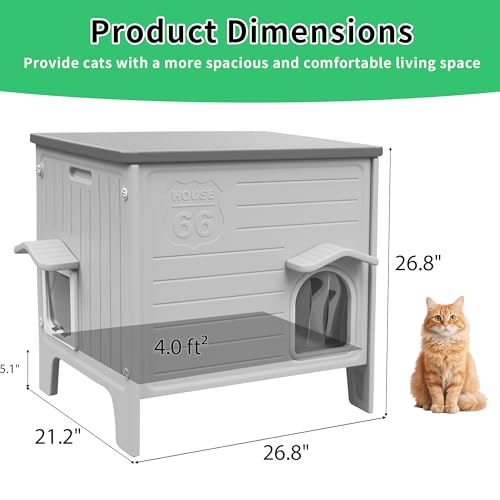 Rockever Cat House with Escape Door, Easy Clean Elevated Waterproof Shelter | Outdoor indoor breathable comfortable cat home, all-season refuge shelter for feral cats, with Heated Pad, Grey M - style: Medium