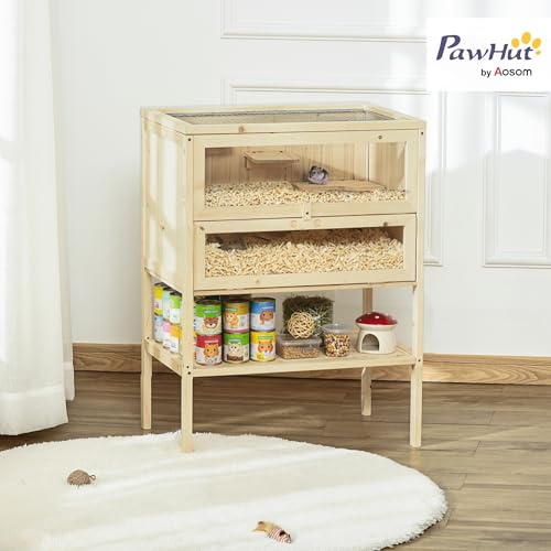 PawHut 3-Tier Wooden Hamster Cage Mice and Rat Cage Small Animals Hutch with Openable Top, Front Door, Storage Shelf, Natural Wood | Small Animals Hutch, Openable Top, Storage Shelf - color: Natural Wood