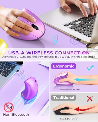 Lekvey Ergonomic Mouse, Rechargeable Vertical Wireless Mouse, Purple | USB-C Charging, 2.4G USB Wireless, Plug & Play, 3 DPI (800/1200/1600), Quiet Clicks, Carpal Tunnel Mouse, for Laptop, PC, Mac - color: Purple