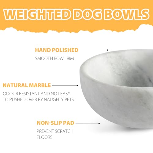 Karibiber White Dog Bowl, Marble Dog Food Bowl, Non-Slip Stone Dogs Water Bowl Large, Non-Tipping Heavy Duty Pet Bowl for Large Dogs, African Natural Marble, Holds 4.6Cups(7.5lbs) - color: Namib Fantasy, size: M