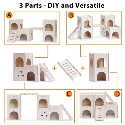 Large Hamster Hideout, Wooden Hamster Houses and Hideouts, Double-Decker Hamster Hut Castle, Dwarf Gerbils Habitat House with Climbing Ladder, Multi Chamber Syrian Hamsters Hides
