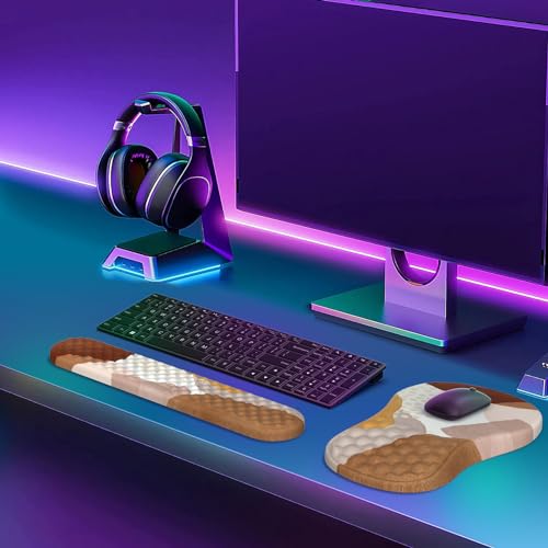 HAOCOO 3-Pcs Ergonomic Desk Pad Set with Wrist Support, Coffee Boho | Memory Foam Keyboard Pad, Smooth Computer Pad Surface, Textured Wrist Cushion, PU Anti-Slip Base, Matching Coaster Included - color: Boho Brown Coffee Tan