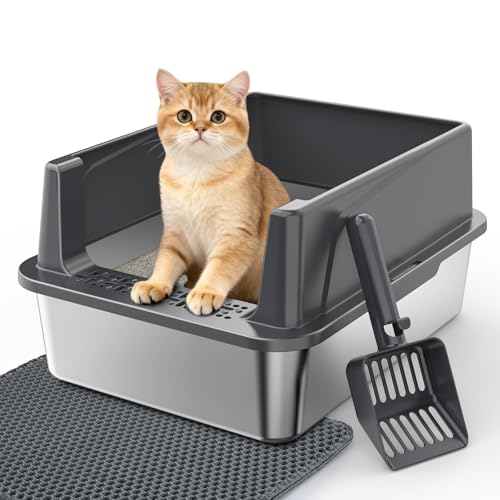Stainless Steel Cat Litter Box with Lid, High-Sided Metal Litter Pan for Small Cats, Kitty Litter Box, Non-Stick & Odor-Resistant, Anti-Urine Leakage, Easy to Clean, Scoop Included - color: Dark Grey, size: S