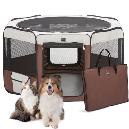 DONORO Dog Playpen Portable Pet Play Pens for Small Dog/Cat/Rabbit/Chicks, Cat Playpen Indoor/Outdoor with Carring Case, Removable Zipper Top and Bottom (Brown, Small (28"x28"x14"), 8) - color: Brown, size: Small (28"x28"x14")