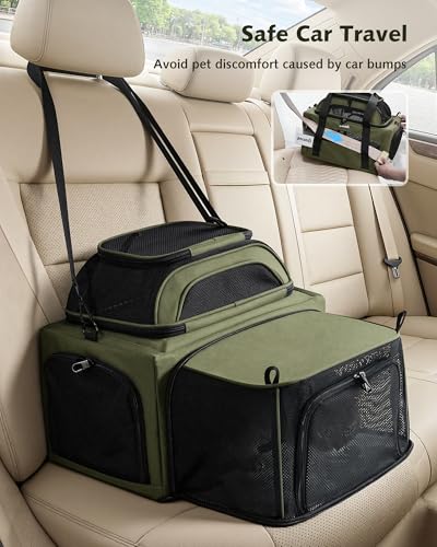 Pecute Top Expandable Airline Approved Pet Carrier for Cats, Dark Gray | Top side expandable, breathable scratch-resistant mesh, leakproof pee pad, locking zippers, foldable travel bag under 11lbs. - color: Olive Green