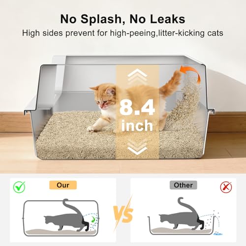 FURTIME Stainless Steel Cat Litter Box, Small Cats Metal Litter Box | High-Sided Open-Top Easy-Clean Litter Pan, Non-Stick, Anti-Leakage, Odor-Free, Comes with Scoop & Mat, 17"×13"×8.4" - color: Silver, size: Small