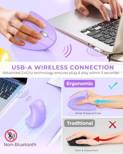 Lekvey Ergonomic Mouse, Rechargeable Wireless Vertical Mouse, Light Purple | USB-C Charging, 2.4G USB Plug & Play, Quiet Click, 3DPI (1000/1200/1600), 6 Buttons, Carpal Tunnel Mouse, for Laptop, PC, Mac - color: Light Purple