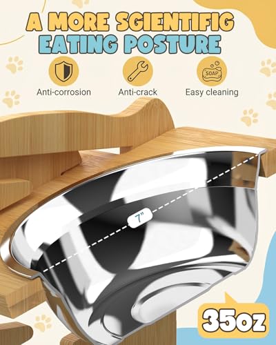 Jovrun Elevated Dog Bowls, Adjustable Raised Dog Bowl Stand for Medium Size Dogs, 15°Tilted Elevated Dog Bowls, Durable Bamboo Dogs Feeder with 2 Stainless Steel Bowls and Non-Slip Feet - color: Bamboo, size: 6.3″-12.8″For Small and Medium Dogs