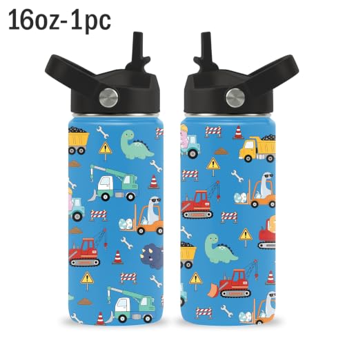 Dinosaur & Construction Vehicle 16 oz Water Bottle with Straw – Stainless Steel Vacuum Insulated Cup, Leakproof Straw Lid, Reusable Travel Mug for Outdoor Sports - color: DinosaurCar2