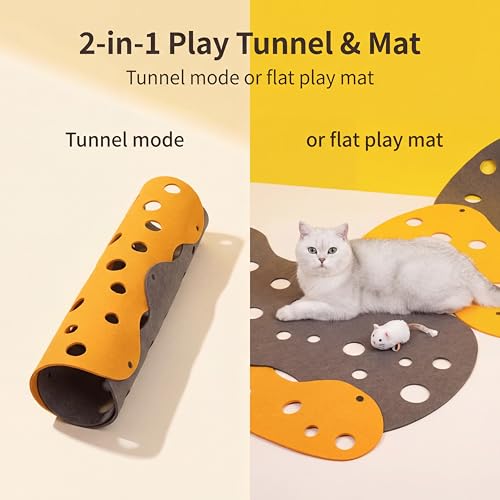 ZEZE Cheese Cat Tunnel for Indoor Cats, Felt Peek Hole Hide Tunnel Toy with Snap Buttons, Foldable Interactive Cat Play Mat for Hide & Seek and Indoor Enrichment