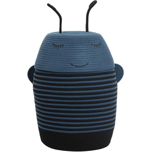 12x18 Inch Bee Basket with Lid, Handcrafted Cotton Rope Animal Storage Bin, Striped Bumble Bee Decor for Kids Bedroom Playroom, Blue - color: Blue Bee, size: 12"x18"