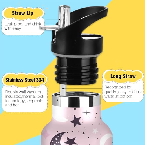 Bohemian Pink Moon Star Girls Insulated Water Bottle with Straw Lid,Vacuum Stainless Steel Mug Leakproof Tumbler Flask Kids Water Bottle for Sports Travel School,20oz - color: Bohemian Pink Moon Star
