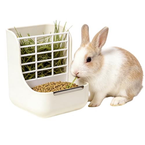 Rabbit Hay Feeder Guinea Pig Feeder, 2 in 1 Automatic Small Animal Food Bowl Feeding Cage Accessories 5.91''L x 6.69''W x 7.09''H (White) - color: White