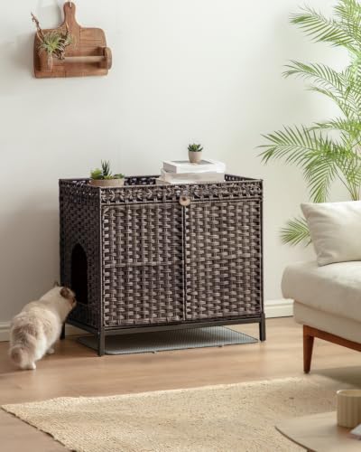 SETVSON Cat Litter Box Enclosure Furniture with Divider, Cat Cabinet, Brown | Handwoven PE Rattan with Soft Litter Mat, 3.54-In Heightened Metal Feet, Spacious & Comfortable, 31.2 x 19.6 x 24.2 In - color: Brown