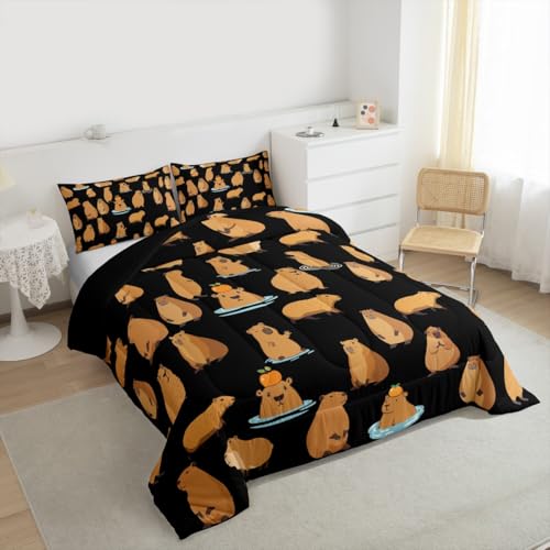 Erosebridal Capybara Comforter Set Gift for Girls Boys Kids,Cartoon Animal Bedding Set Twin Size Funny Mouse Rodent Bedding Comforter Sets Black Brown Capybara Decor Quilt with 1 Pillow Case - color: Multi 15, size: Twin