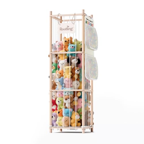 Stuffed Animal Storage & Organizer, 54 inch Tall Wooden Cute Zoo Toy Holder w/Building Block Storage Bag, Premium Wooden Material with Elastic Cord For Toddler Rooms, Playrooms & Bedrooms - color: Natural, size: Large