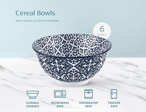 KooK Soup Bowl, Cereal Bowl, Ceramic Cereal Bowls, Microwave, Dishwasher and Freezer Safe, Porcelain Dishes for Soup, Pasta, Salad, Oatmeal, Deep Interior (White & Blue) - color: White & Blue