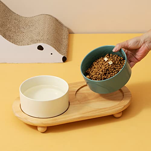 Havniva Raised Cat Bowl 5.1” Elevated Ceramic Cat Food and Water Bowl Set | Cat Bowls Elevated, Whisker Friendly Cat Bowl, Non-Slip Wood Stand, Food-Grade Ceramic, Wide Opening, Dishwasher Safe - color: 2 x Bowl + Stand - Dark Green, size: 5.1inch