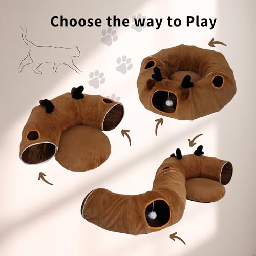 Cat Tunnel Bed for Indoor Cats with Washable Cushion Cat Cave Donut Tunnel with Fluffy Ball Big Round Tube Pet Playground Toys Soft Plush Peekaboo for Kitten, Cat, Puppy, Rabbit, Ferret（Deer） - color: Deer
