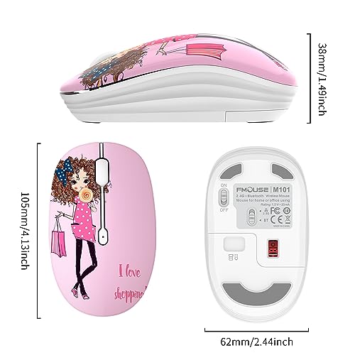 FMOUSE Cute Cartoon Silent Wireless Mouse, Dual Mode Bluetooth & USB 2.4G | Shopping girl Pattern, Ideal for Kids Students & Office Use | AA Battery Powered | Compatible with Laptop Mac iPad Tablet PC - color: Shopping Girl
