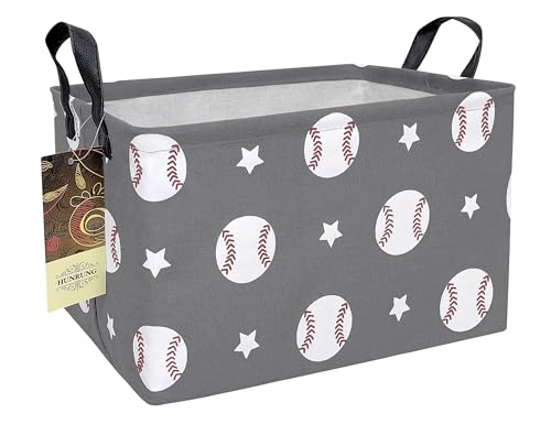 Rectangle Foldable Storage Basket Handles For Home, Grey Baseball | Waterproof canvas material, reinforced handles, perfect for shelf use, organizes clothes, daily items and pet supplies - color: REC-Grey Baseball