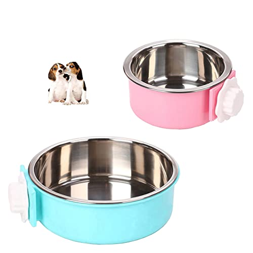 Crate Dog Bowl,Removable Stainless Steel Water Food Feeder Bowls Crate Coop Cup,Pet Cage Bowls with Bolt Holder for Cat, Puppy, Birds, Rats, Rabbits Small Animals ((Blue+Pink) Round, Samll) - color: (Blue+Pink) Round, size: Small