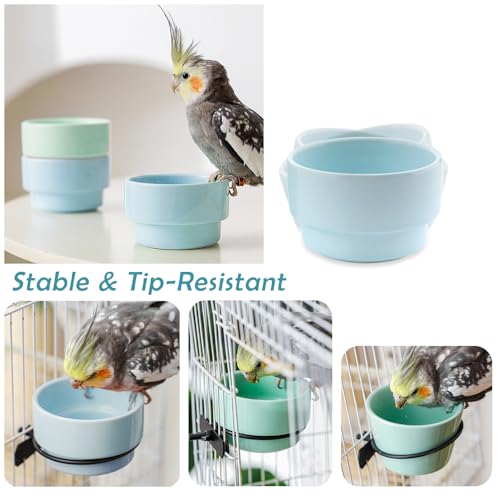 2 Pack Detachable Hanging Ceramic Bird Bowl Food Cup Convenient Hanging Water Feeder for Cage Small Canary Finch Parakeet Budgie Cockatiel Lovebird (Blue and Green)